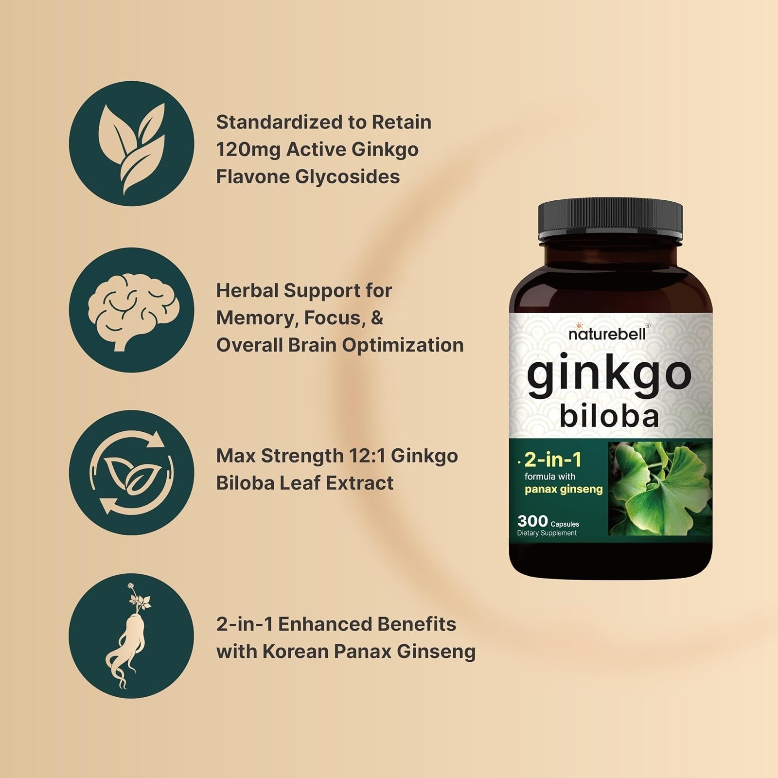 NatureBell Ginkgo Biloba with Panax Ginseng 300 Capsules – Brain Health