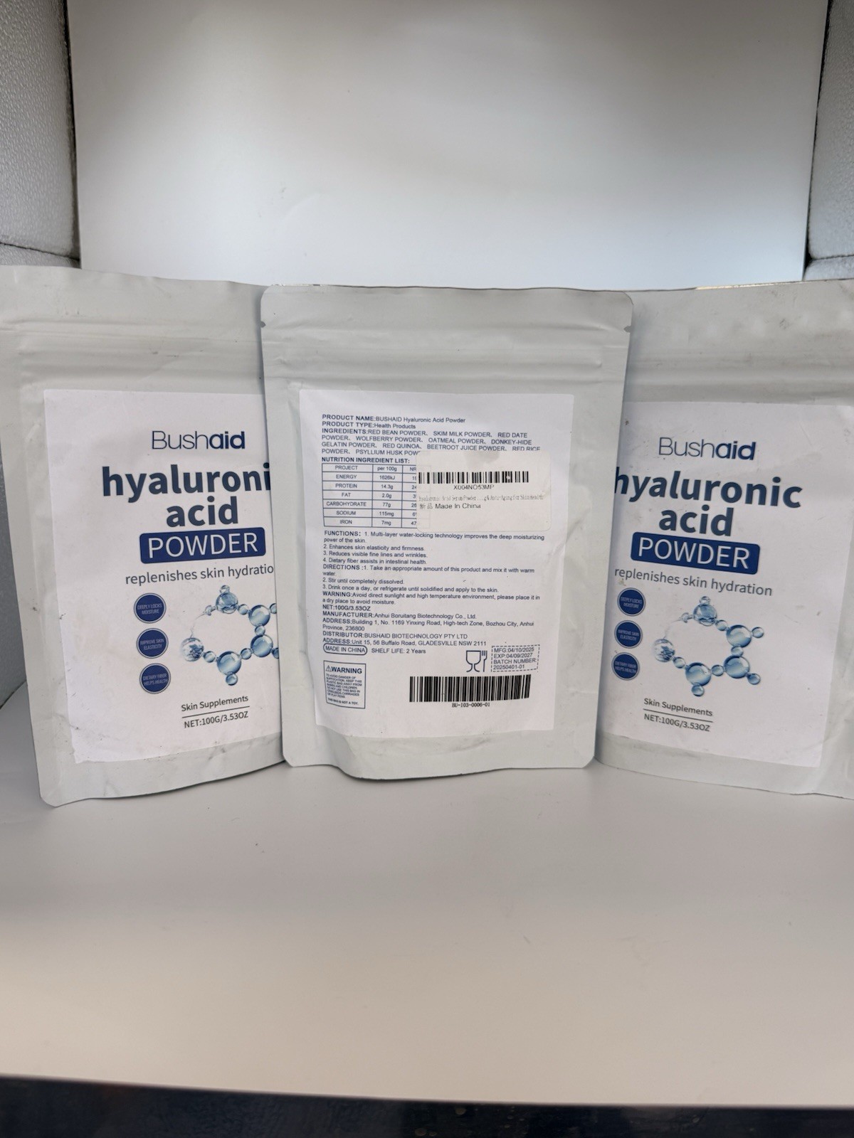 3x 100g Bushaid Hyaluronic Acid Powder Deeply Hydrates & Increases Skin-Moisture