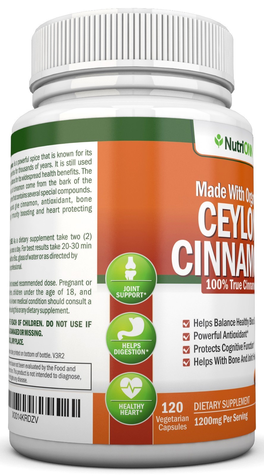 Organic Ceylon Cinnamon – 1200mg – 120 Capsules-True Cinnamon, Great Antioxidant