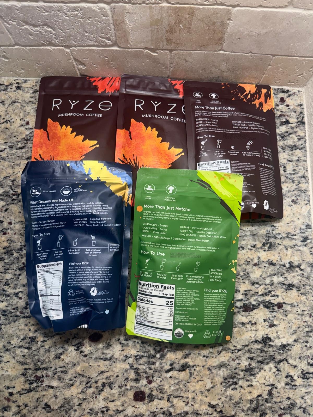 5bags- 3 Organic Mushroom Coffee + 1 matcha +1 hot cocoa Exp 2028