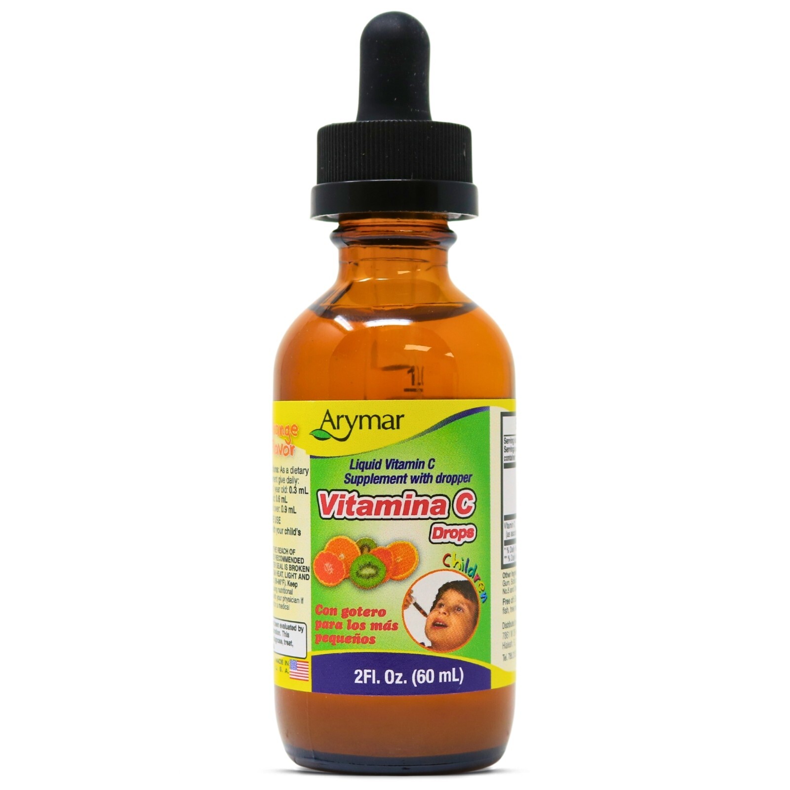 Arymar Kids’ Vitamin C Drops 2 Fl Oz, Tangy Orange Flavor, Vegan, Made in USA