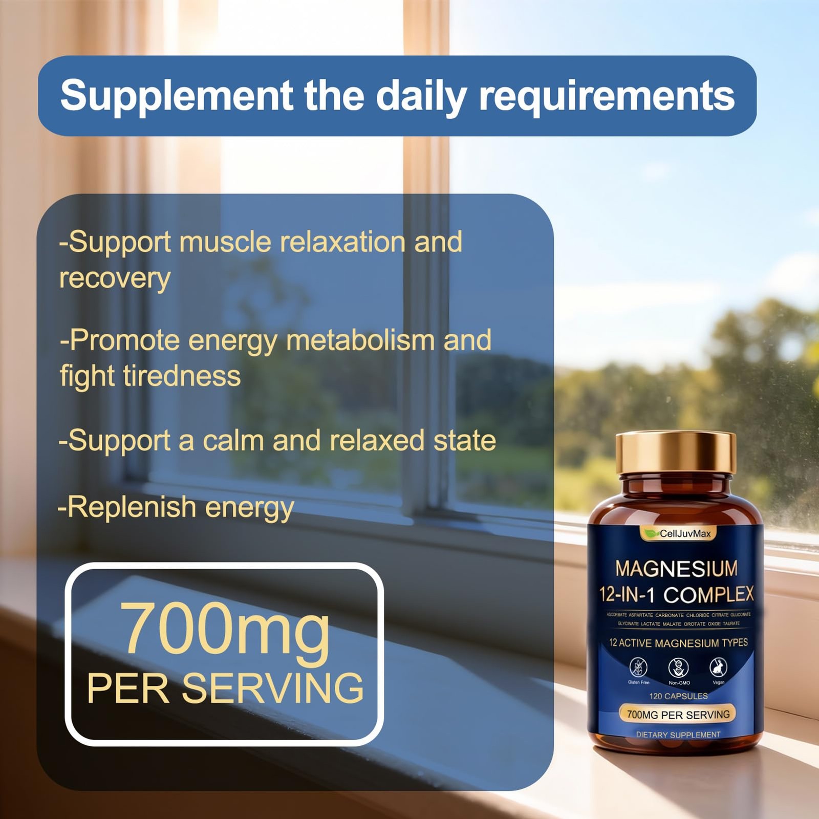 Magnesium 12-in-1 Complex 700mg, with Glycinate & Citrate, Vegan Supplement for