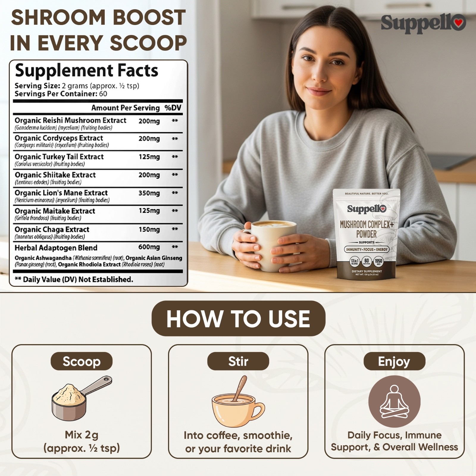 Suppello Mushroom Complex+ Powder – 13 In 1 Blend – 4.23 oz (60 Servings)