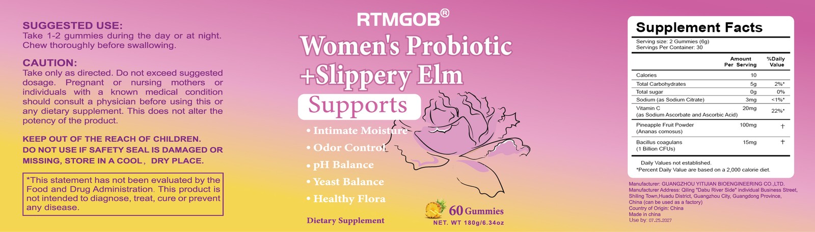 Women’s Probiotic Slippery Elm Gummies, Pineapple Flavor, pH Balance Support