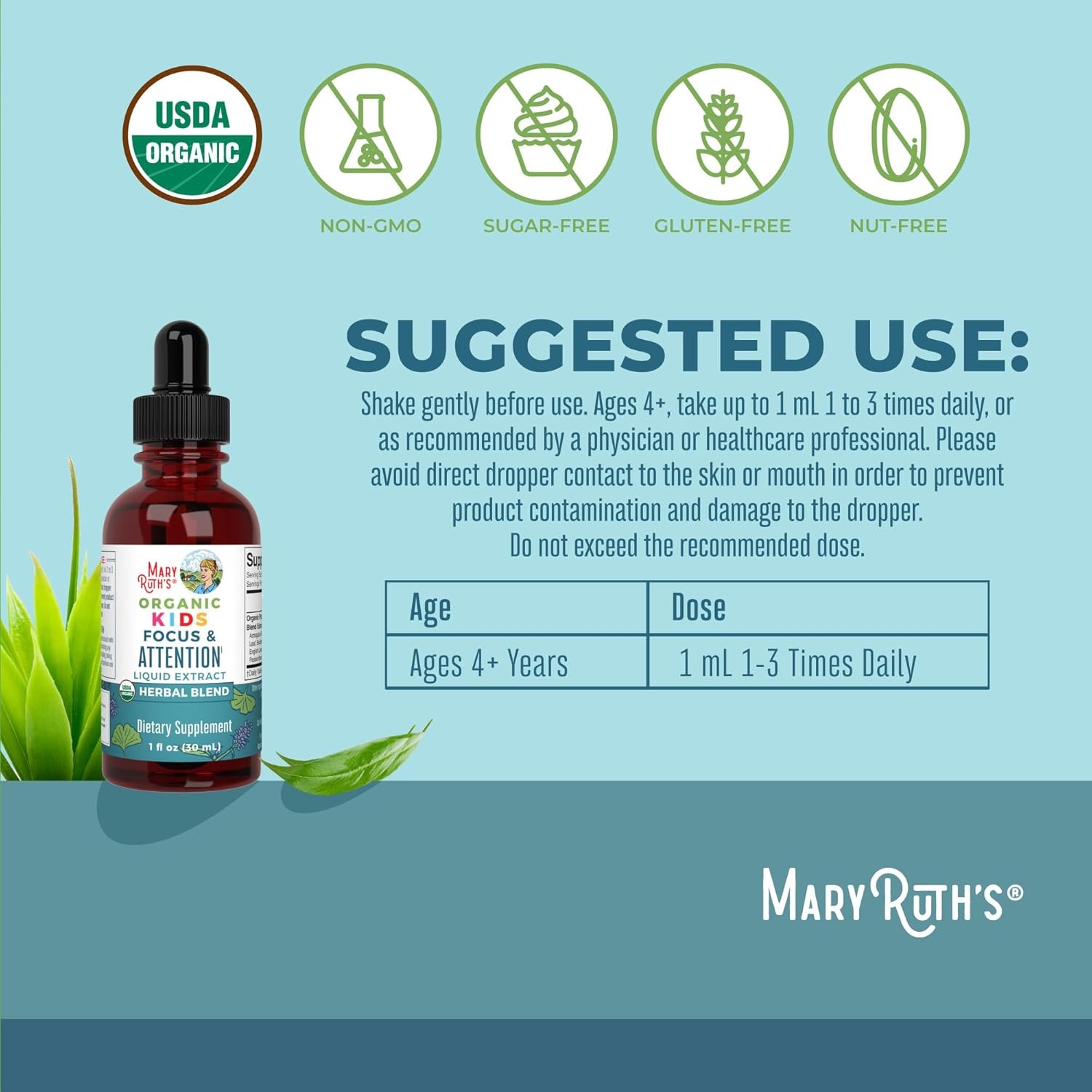 MARYRUTH’S Kids Focus & Attention Drops | USDA Organic Drops 30 Servings