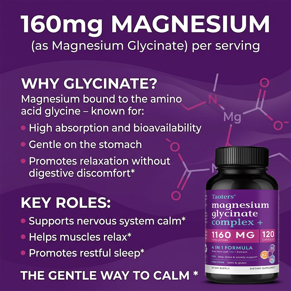 Magnesium Glycinate Complex-4-in-1 with D3,K2&Aloe Vera Stress Support 30~120Cap