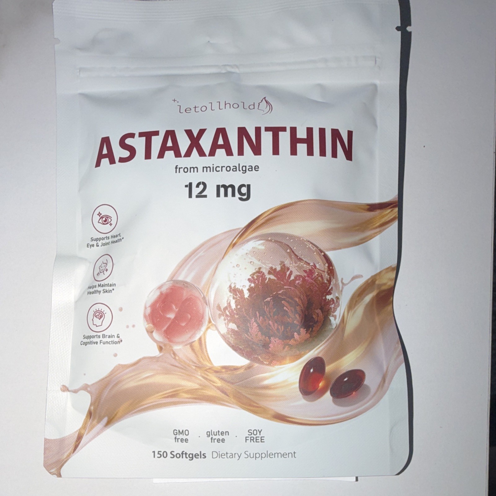 letollhold Astaxanthin 12mg 150 Softgels GMO-Free Gluten-Free Soy-Free