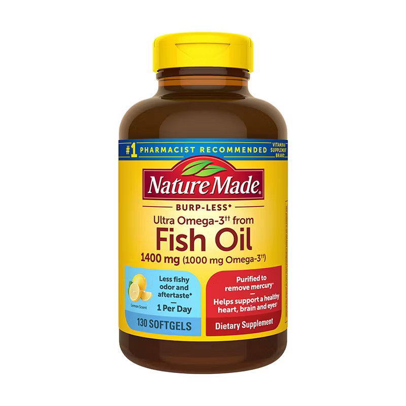 Nature Made Burp Less Fish Oil 1400mg Omega 3 Softgels 130 Count Lemon EXP-08/27