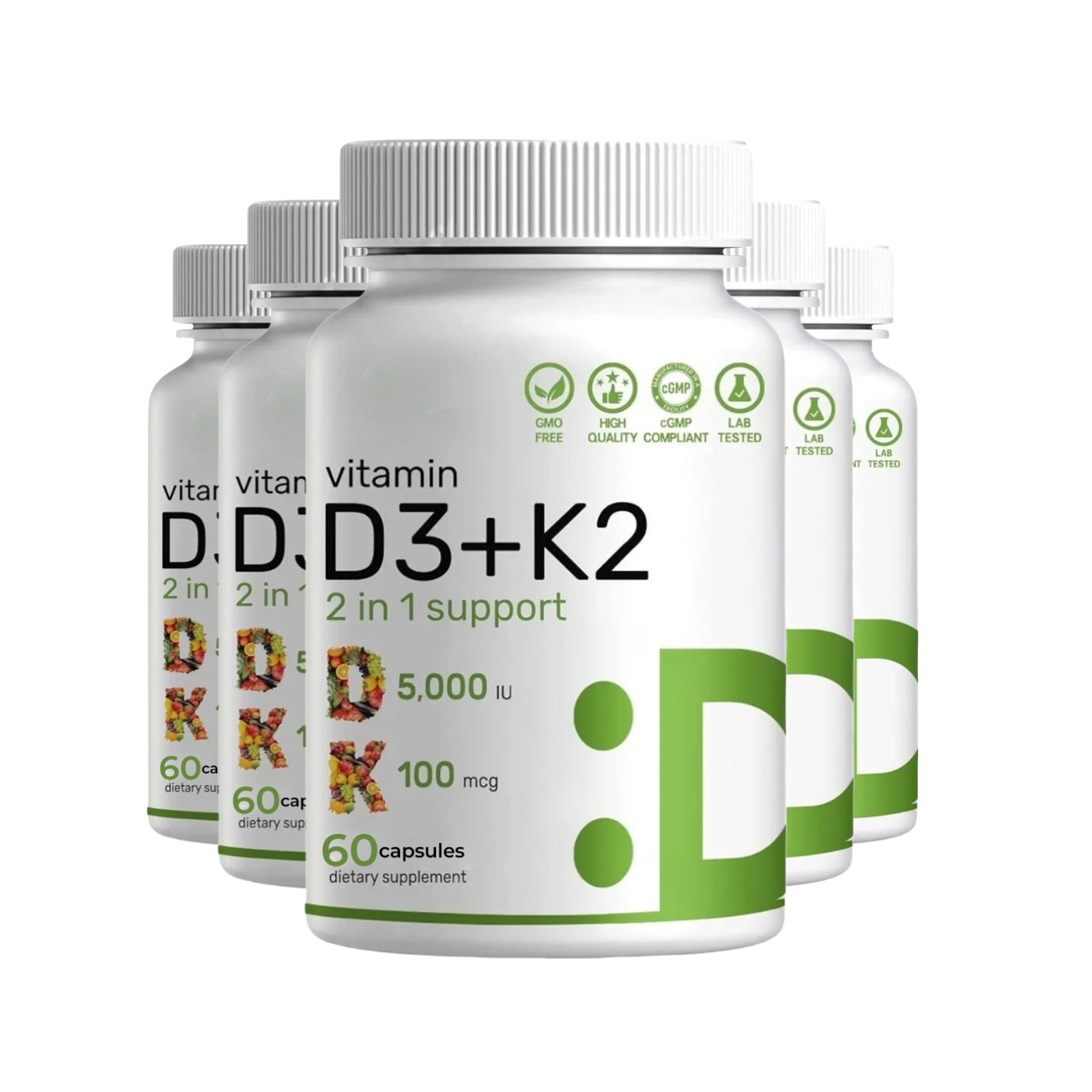 5-Pack Vitamin D3 + K2 Capsules – Immunity & Daily Wellness Support – 300 Caps