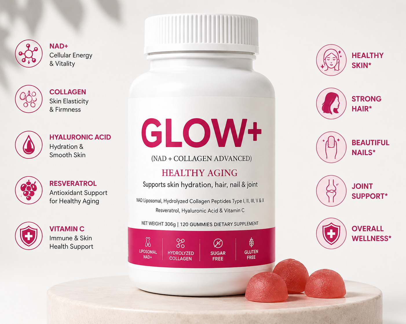 NAD+ & Collagen Gummies Skin Hair Nail & Anti-Aging Support Hyaluronic Acid