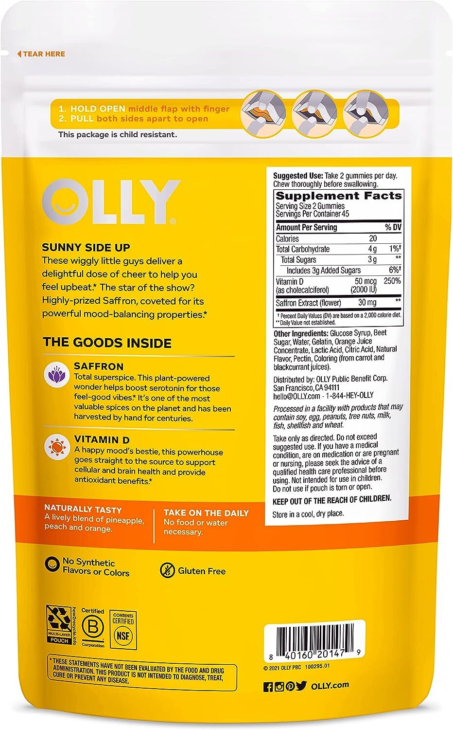 OLLY Hello Happy Gummy Worms, Mood Balance Support, Vitamin D, Saffron 90 Count