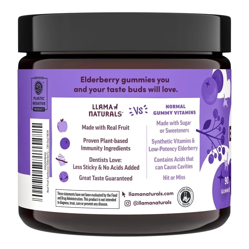 Llama Naturals Adult Elderberry Real Fruit Gummies 90 ct EXP 02/2026