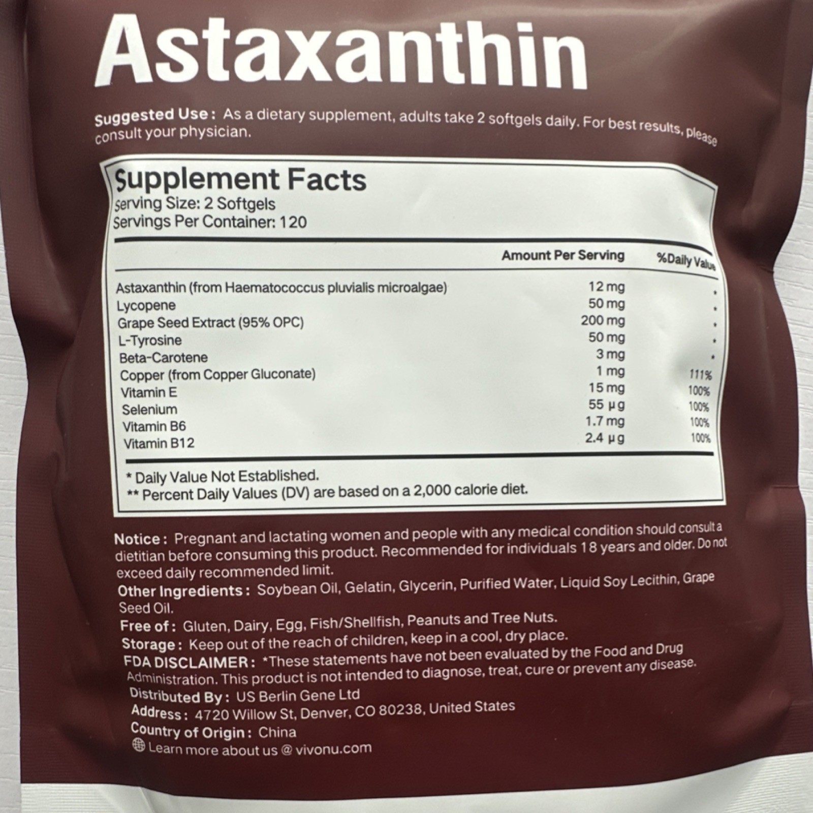 Vivonu Astaxanthin Antioxidant Softgels 12mg 240ct Gluten-Free Exp 03/2028