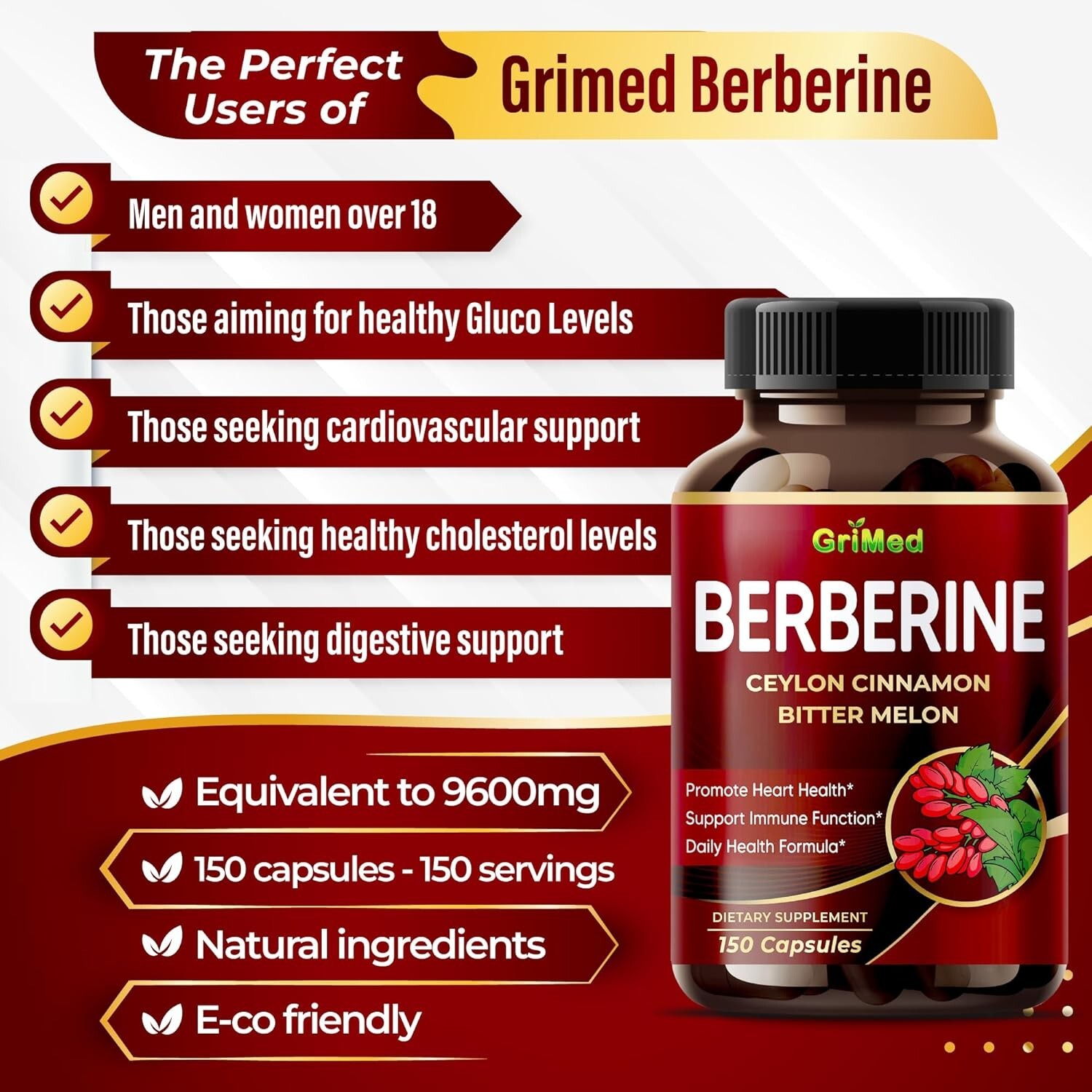 Premium Berberine with Ceylon Cinnamon 9,600mg 150 Caps Heart Health & Immune US