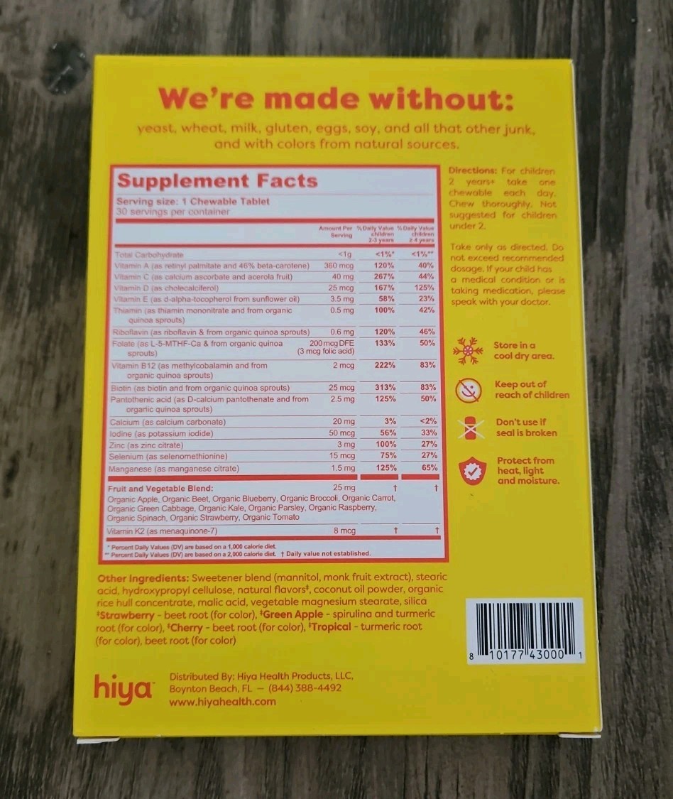 Hiya Kids Daily Multivitamin Assorted Flavors 30 Chewable Supplement Refill Jar