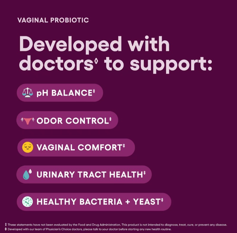 NEW Physician’s Choice Vaginal Probiotic 30Caps – pH Balance, Cranberry, 6B CFUs