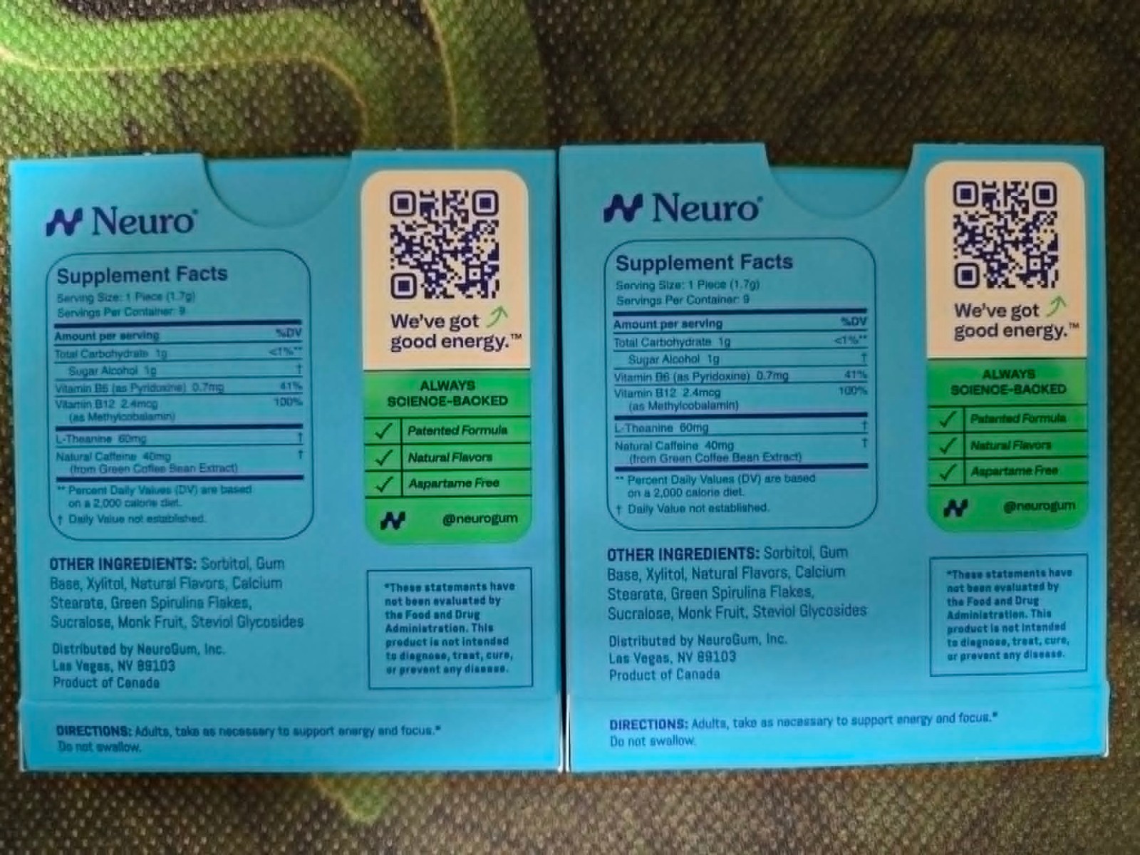 Neuro Gum L-theanine B-12 Nootropics Caffeine 2pk 18 pcs Boost Energy & Focus
