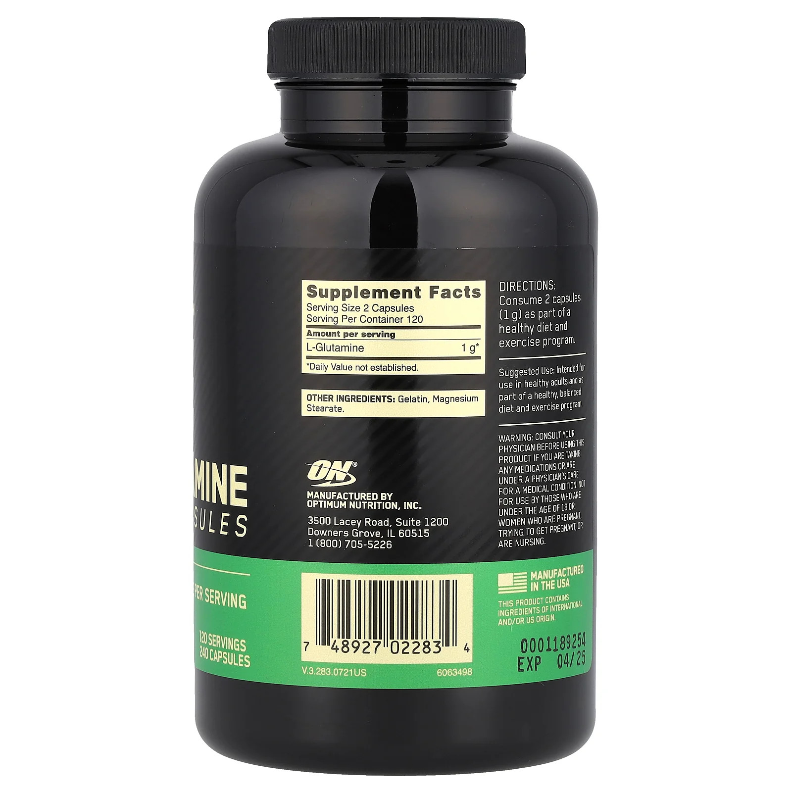 2 X Optimum Nutrition, Glutamine, 240 Capsules (0.5 g per Capsule)