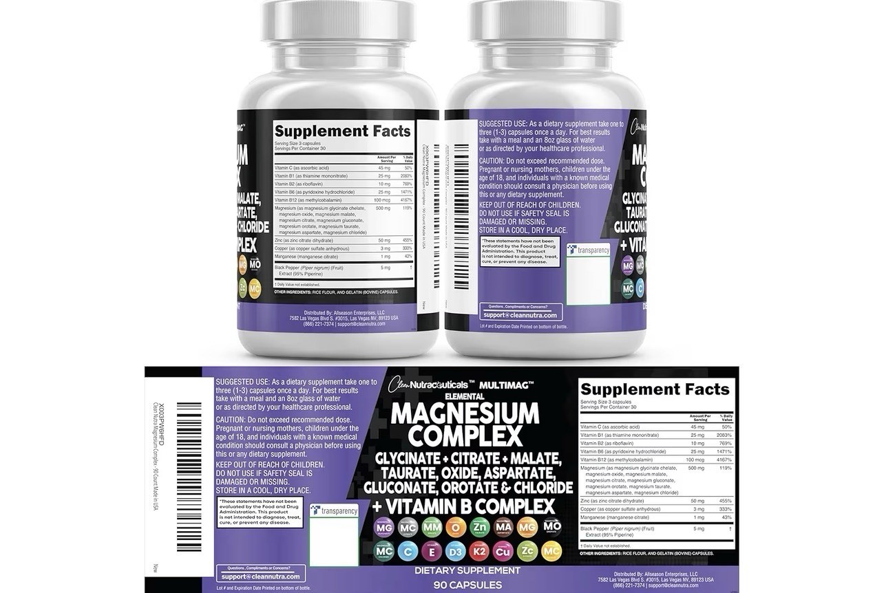 Clean Nutraceuticals Magnesium Complex B Complex Dietary Supplement 90 Capsules
