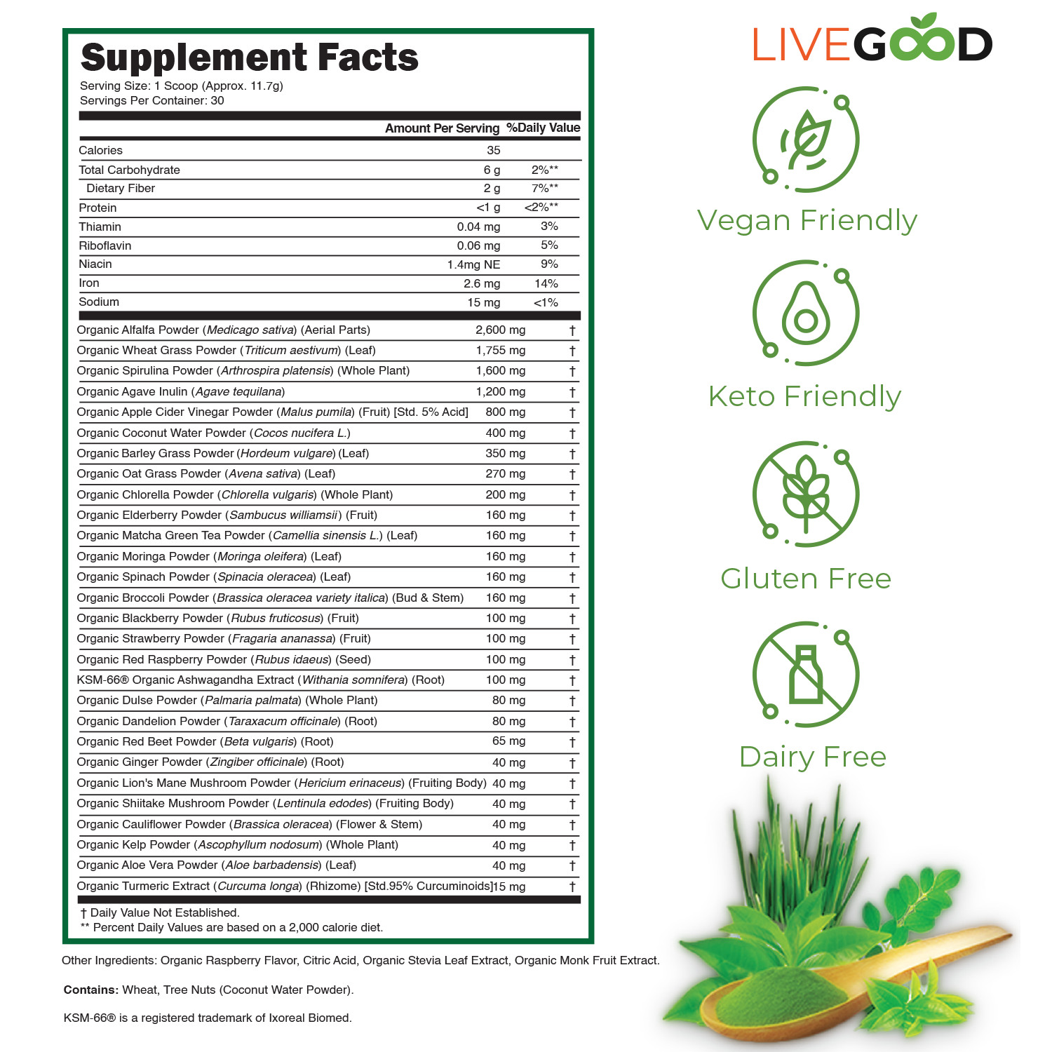 USDA Organic Super Greens Superfood Powder Spirulina Ashwagandha 30sv big canist