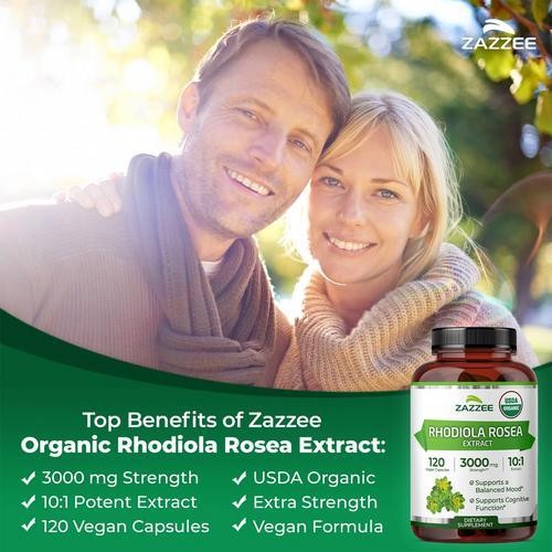 3 X Zazzee Organic Rhodiola 10:1 Exract, 3000 mg Strength, 120 Vegan Capsules