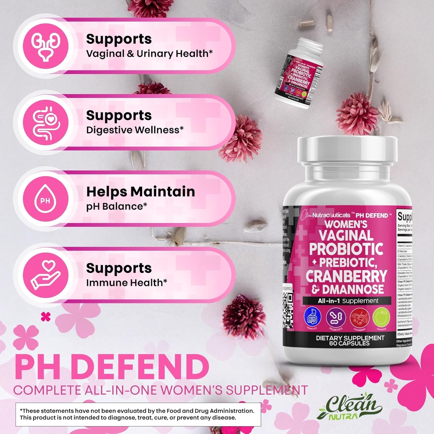 Clean Nutraceuticals Vaginal Probiotics for Women with Cranberry, D-Mannose, Pre