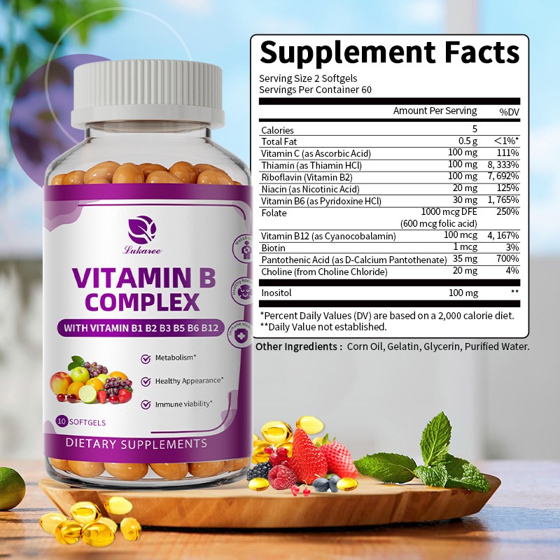 Vitamin B Complex 120 Capsules – B1,B2,B3,B5,B6,B7,B9,B12, Energy Immune Support