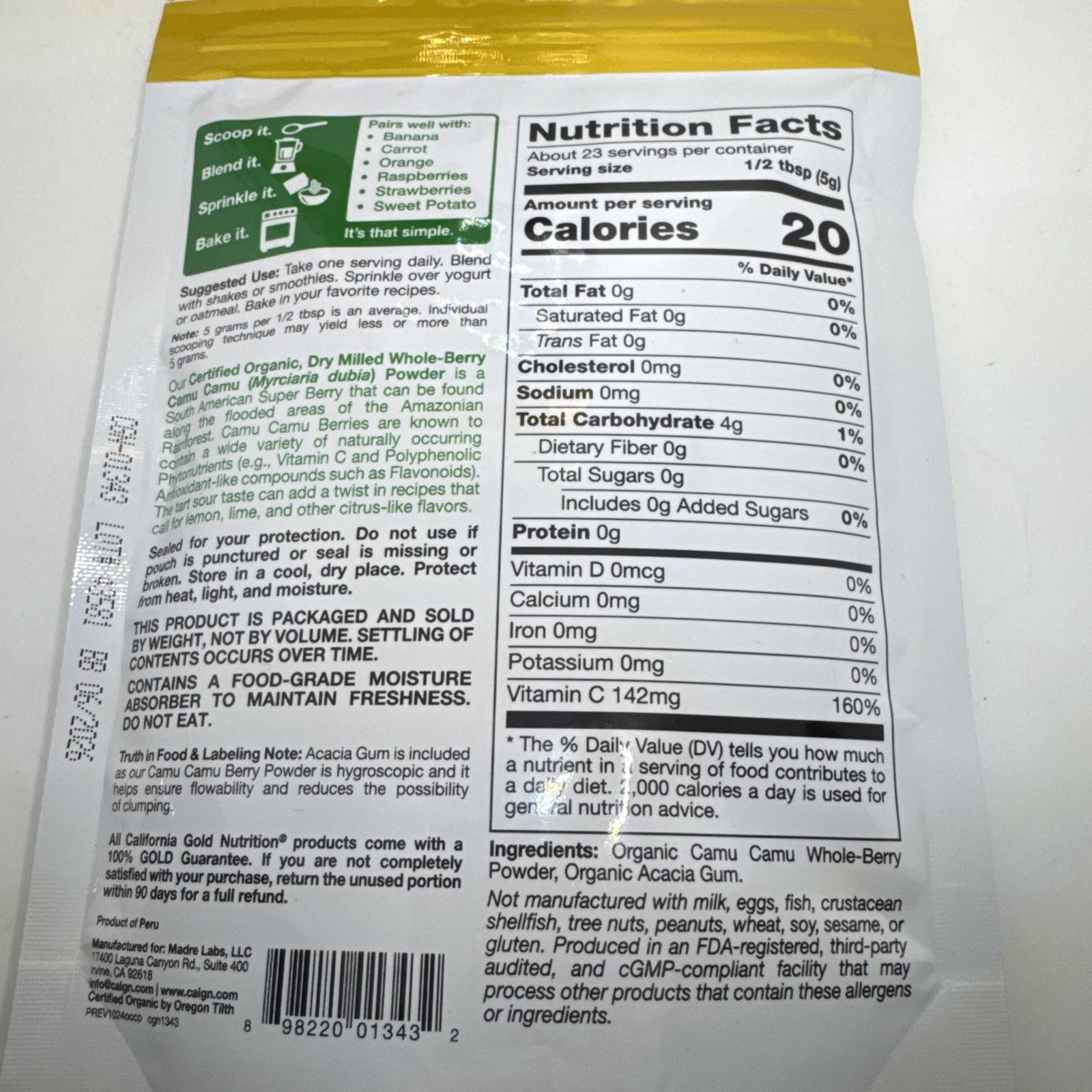 2XCalifornia Gold Nutrition Superfoods Organic Camu Camu Powder 114g Exp 06/2026