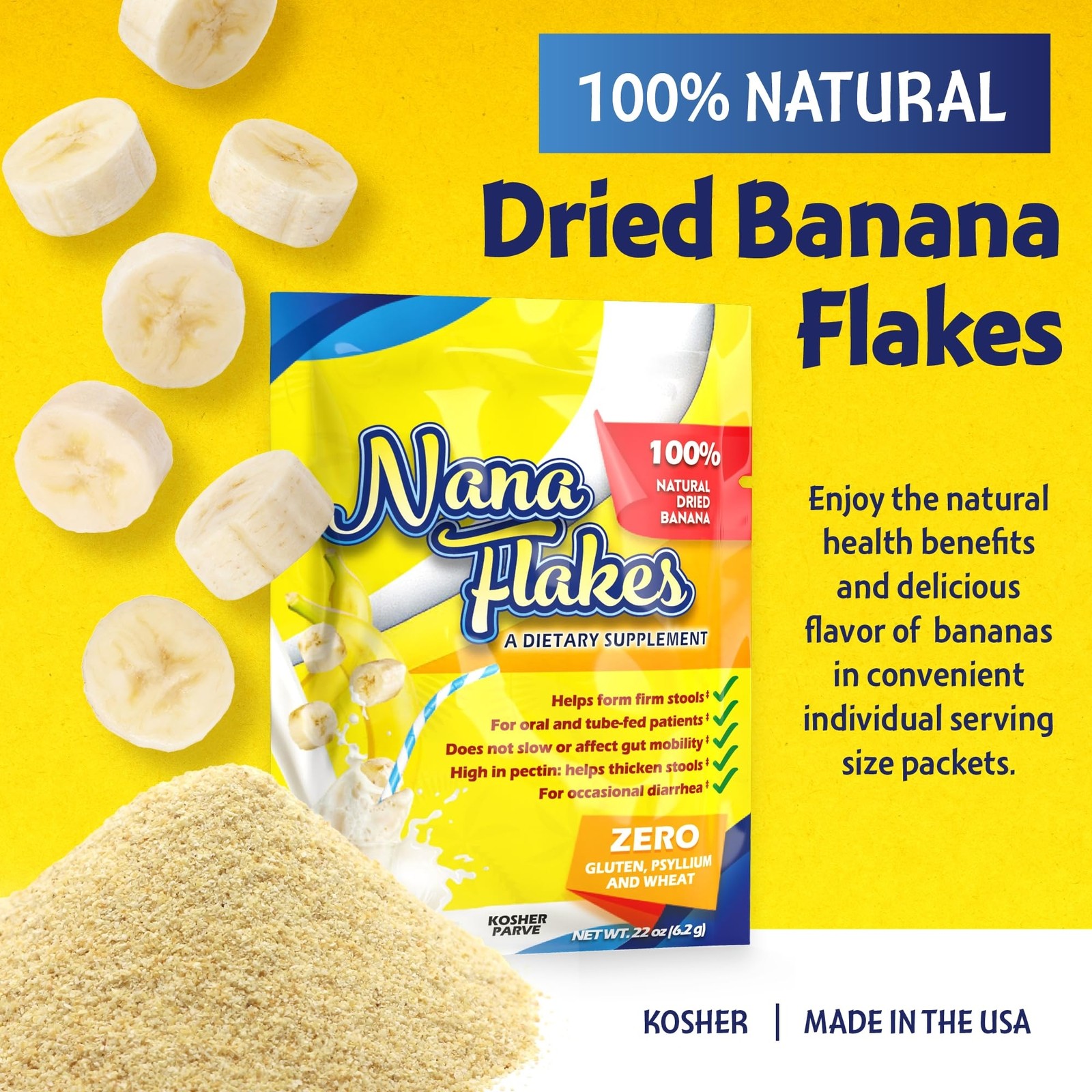 Nana Flakes 100% Pure Dried Banana No Sugar Single Serve 22 Oz 25 Packets