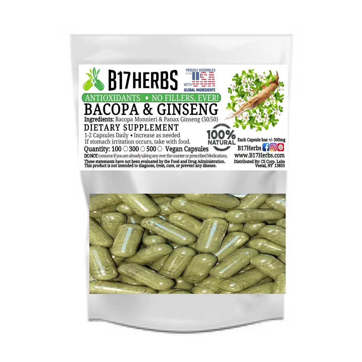 Bacopa & Panax Ginseng Blend – Nootropic, Energy, Focus, Pre-Workout – 100 Caps