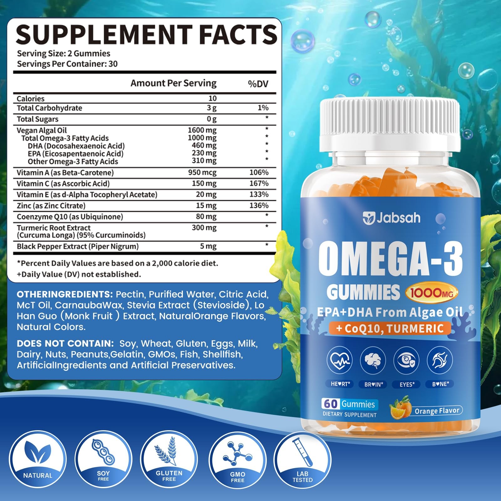 Jabsah Vegan Omega-3 Gummies 1000Mg From Algae Oil Dha 460Mg Epa 230Mg Omega 3