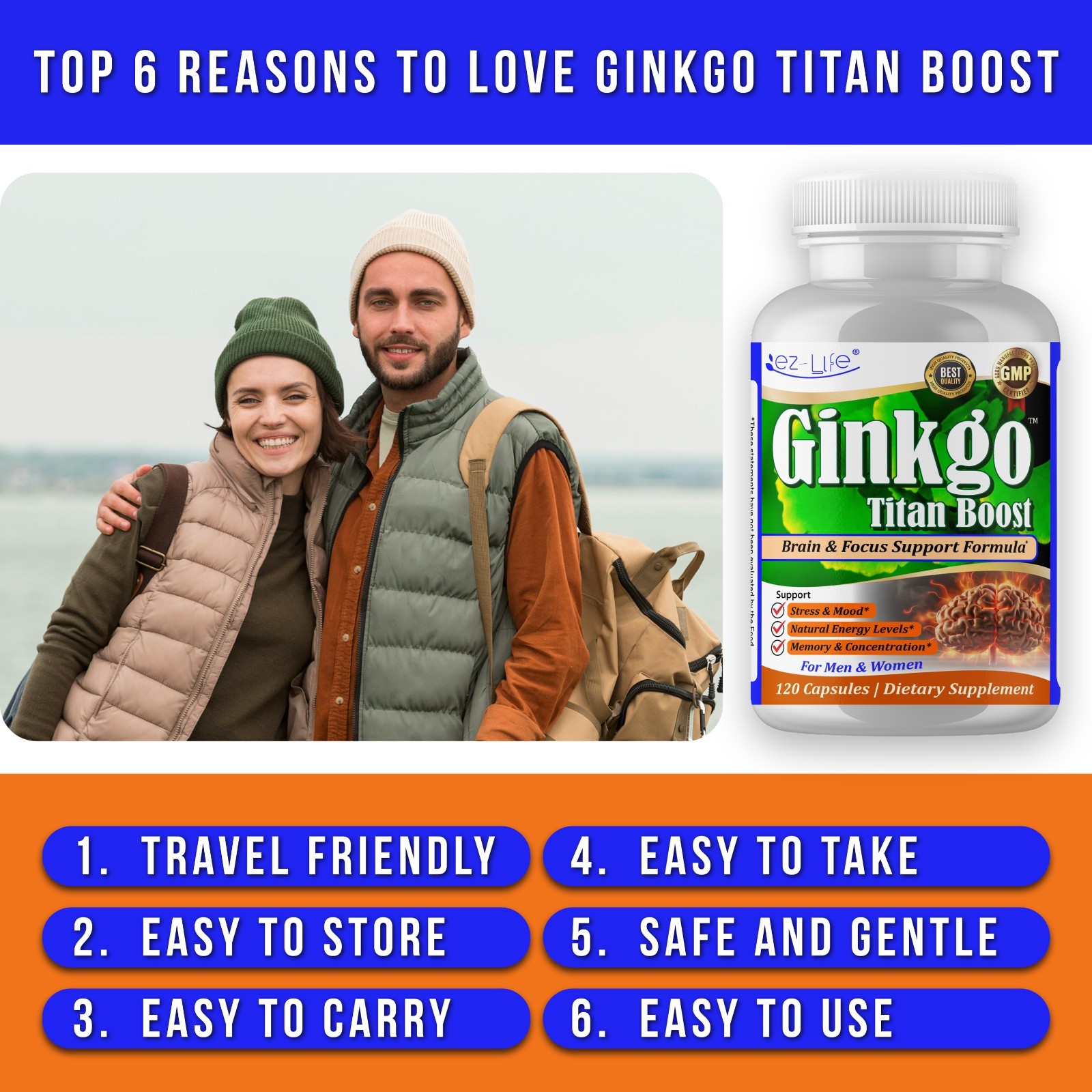 Ginkgo Biloba Ginseng- Brain Focus, Memory Herbal Energy Supplement- 60 Caps