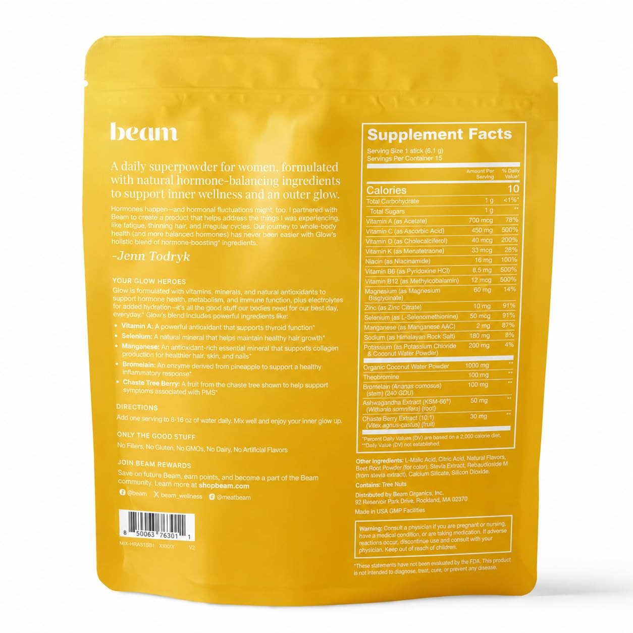 BEAM Glow Women’s Wellness Supplement Powder, Pineapple – 15 Sticks