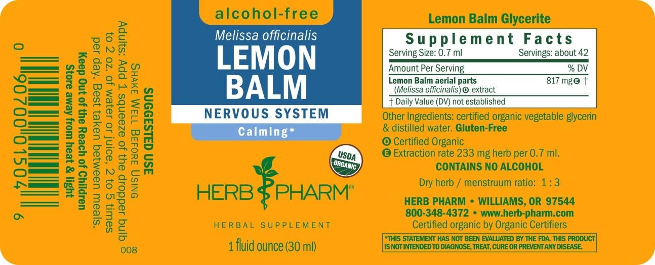 Herb Pharm Lemon Balm, Alcohol-Free: Certified Organic, Nervousness & Over-Excit