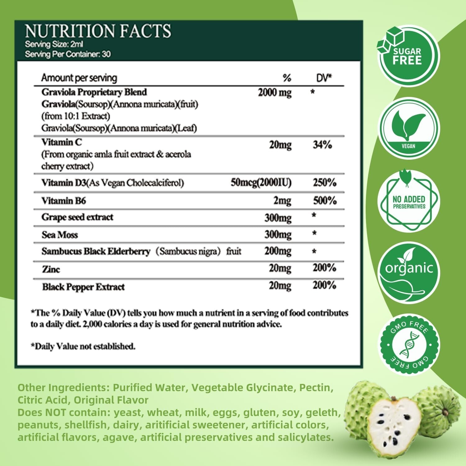 Soursop Graviola Liquid Drops, Soursop Extract Multivitamin Drops w. Sea Moss, G