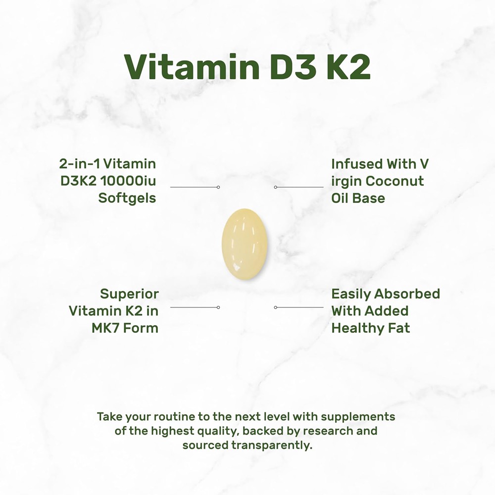 Vitamin D3 + K2 Coconut Oil Softgels, 2-in-1 Vitamin D And K Complex