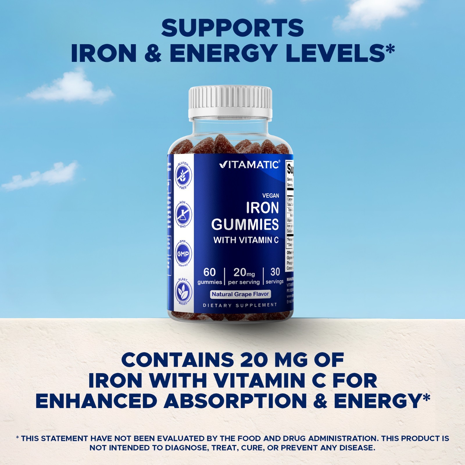 Vitamatic Iron Gummies Supplement – 20mg Serving – 60 Gummies pack of 2