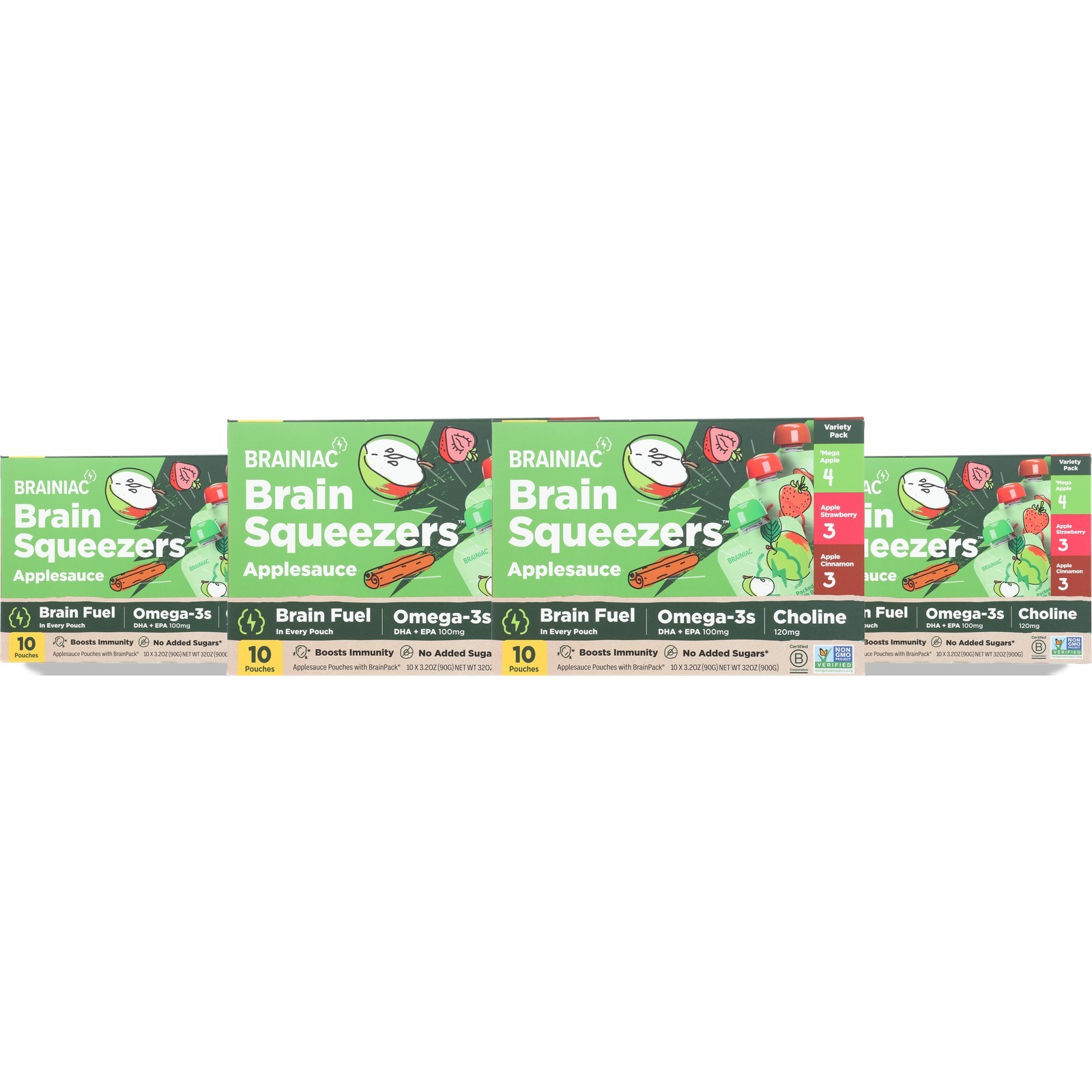 Brainiac Variety 10 Brain Squeezers Applesauce Pouches Fuel Snack 3.2 Oz 4 Pack