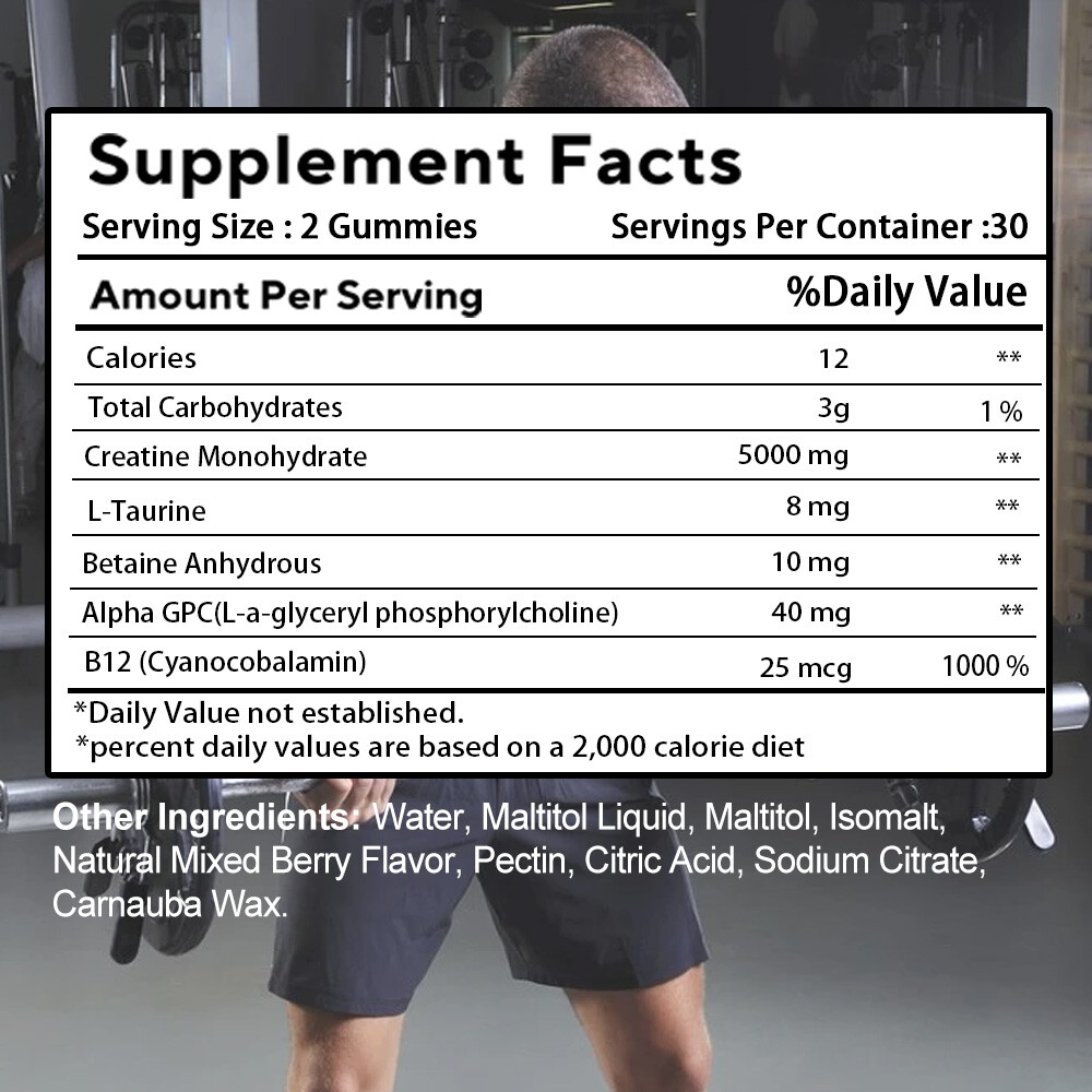 5000mg Creatine Monohydrate Gummies, Sugar Free Muscle Strength & Recovery,60 CT