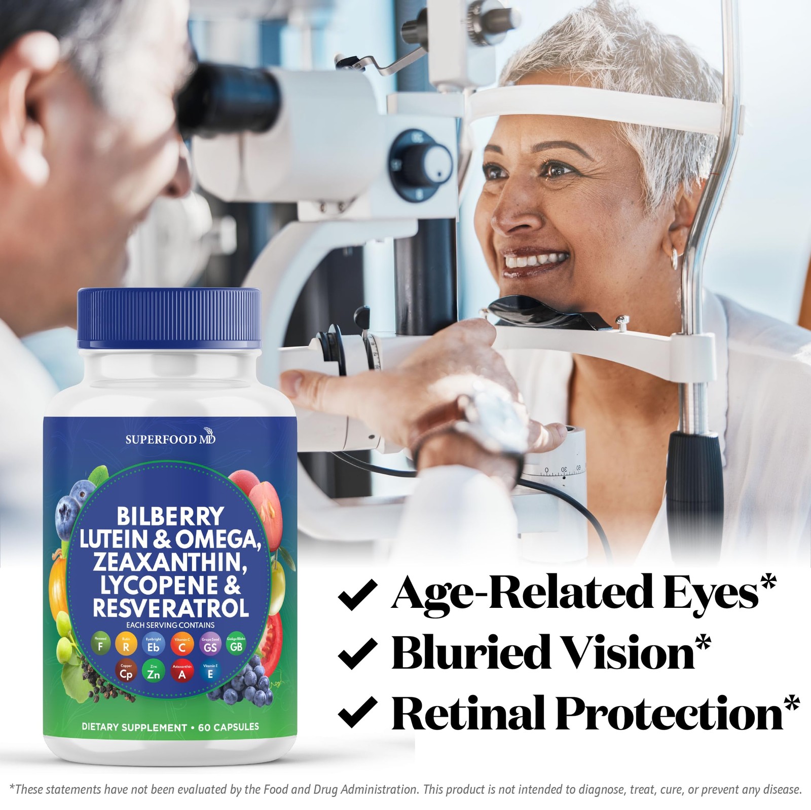 Superfood MD Eye Health Vitamins with Bilberry Lutein & Zeaxanthin Lycopene R…