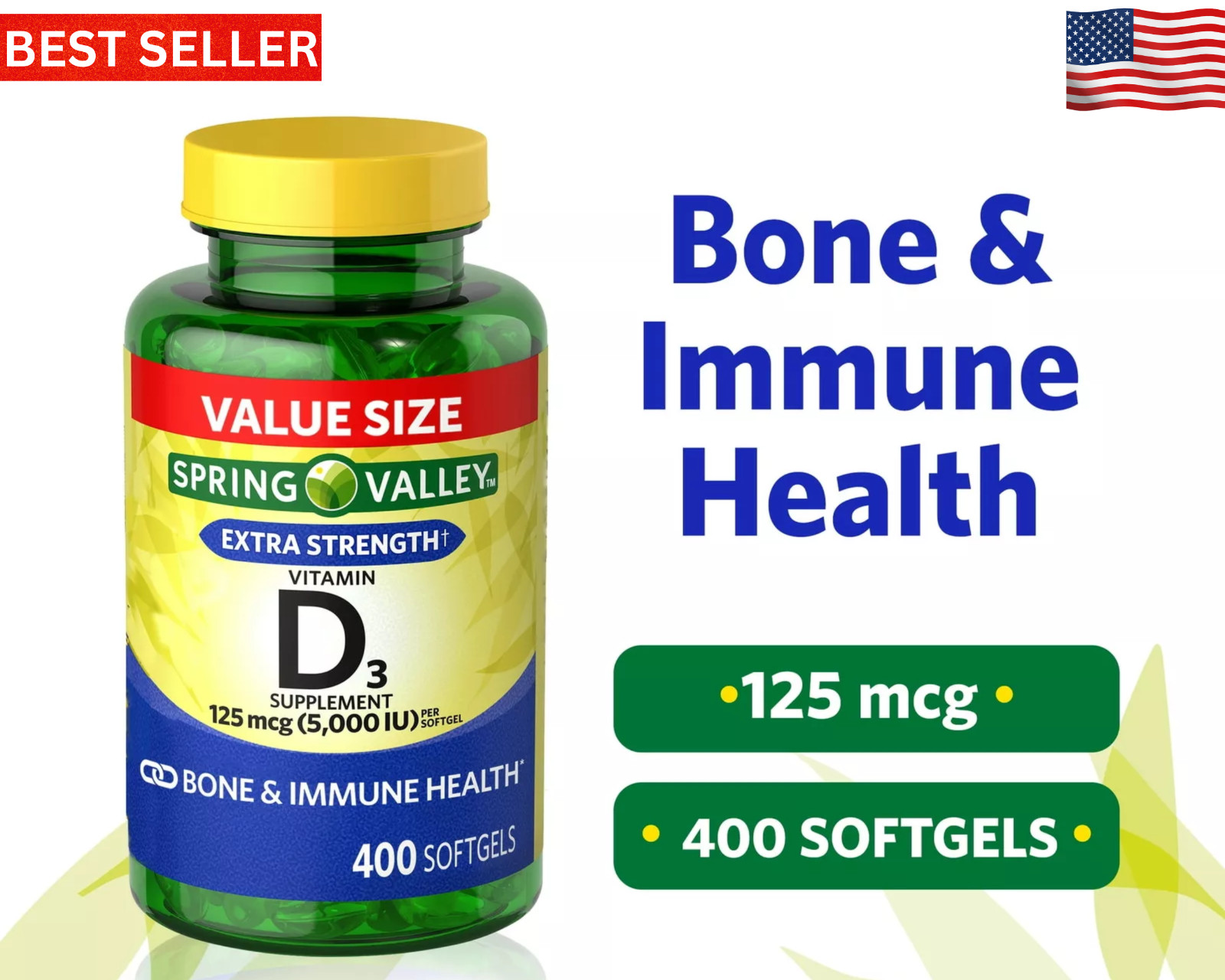 Spring Valley Vitamin D3 Softgels, 125 mcg per Softgel, 5,000 IU, 400 Count