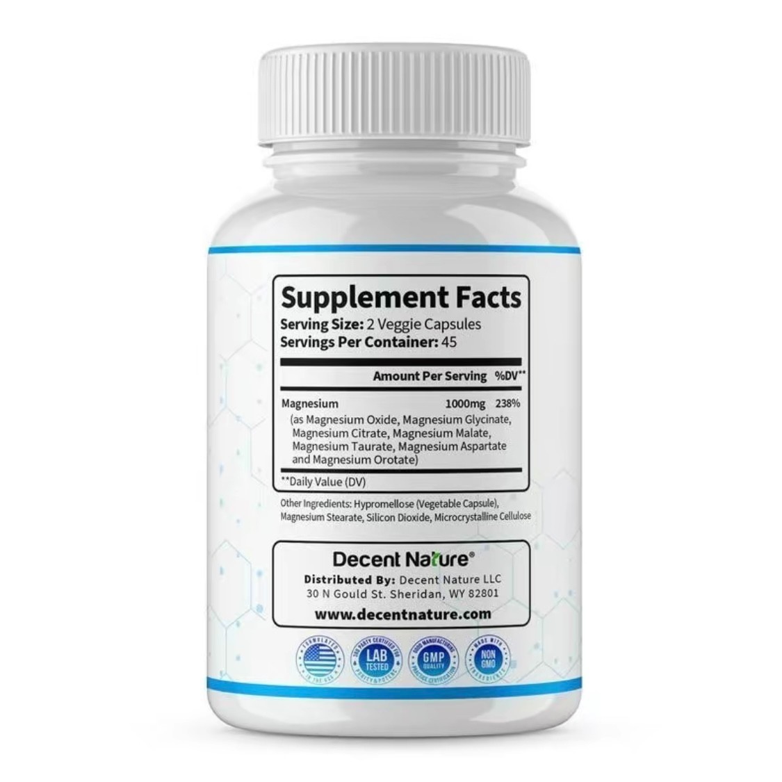 2 BOTTLES—Decent Nature Magnesium Complex1000mg-7Elemental Magnesium Capsules