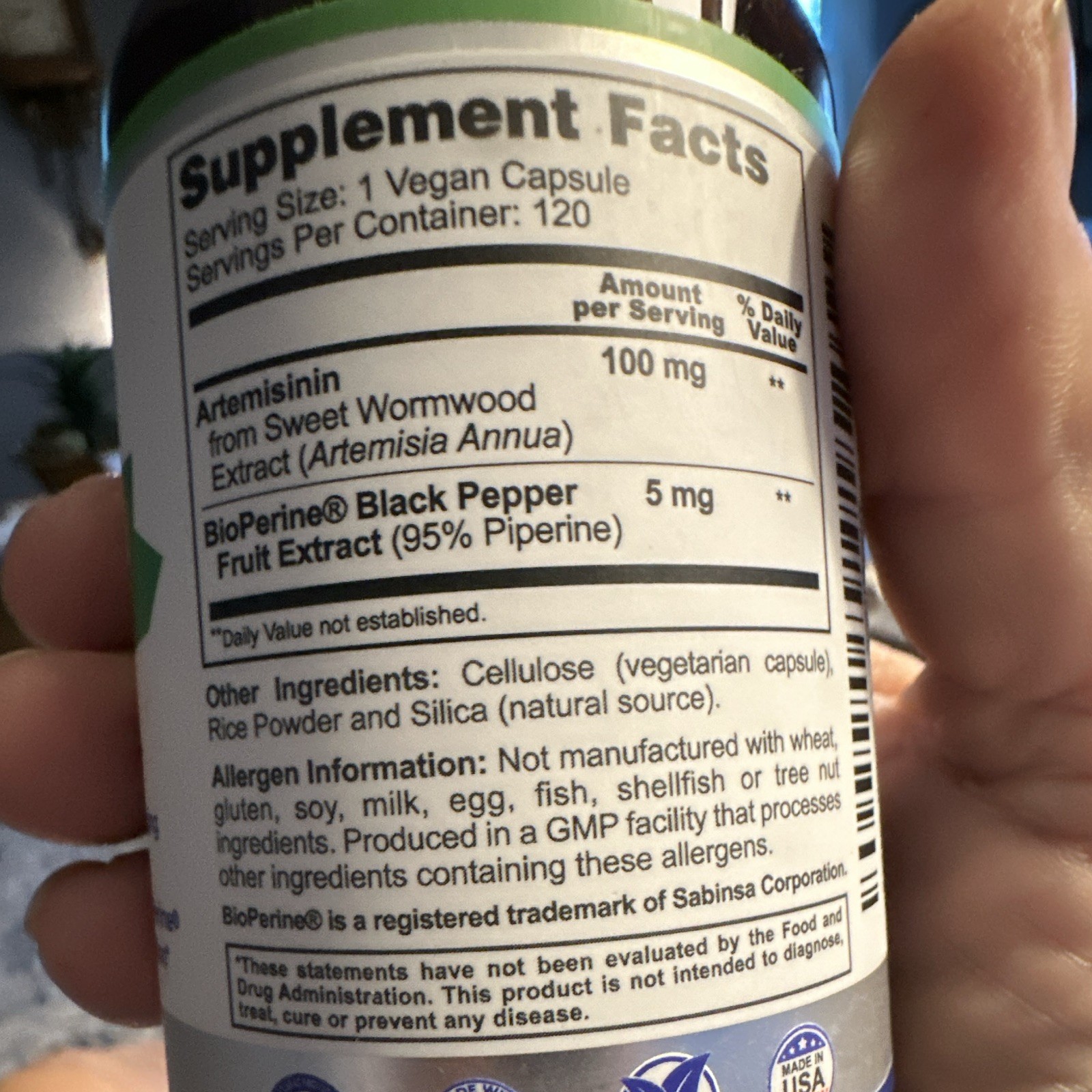 Zazzee Naturals Artemisinin + BioPerine 100mg 120 Vegan Capsules Immune Support