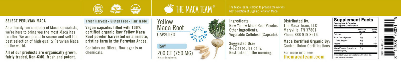 Raw Organic Peruvian Maca Root Capsules – Fresh Harvest, GMO-Free, Fair Trade