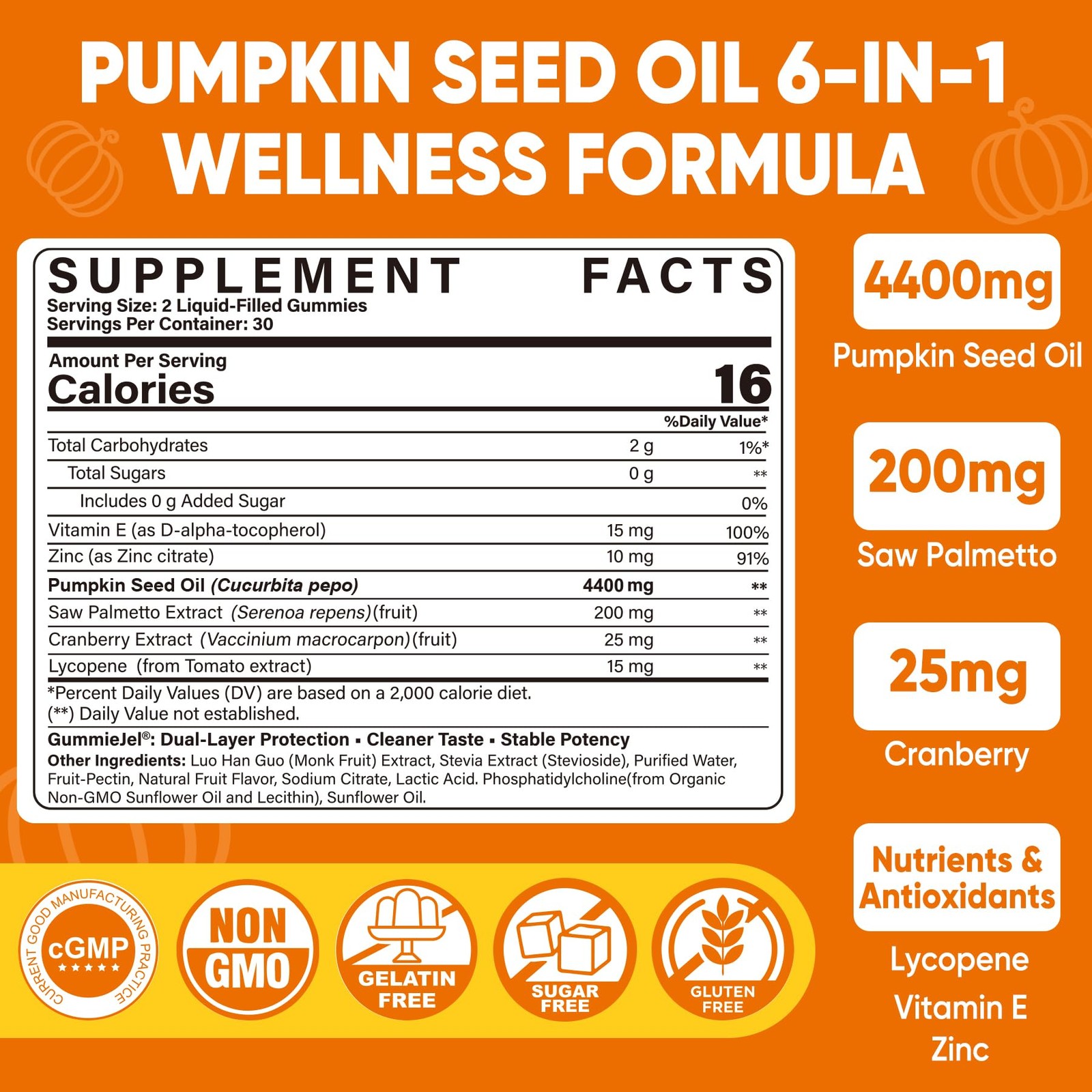 Pumpkin Seed Oil Gummies 4400mg with Saw Palmetto, 60 Count (Pack of 1)