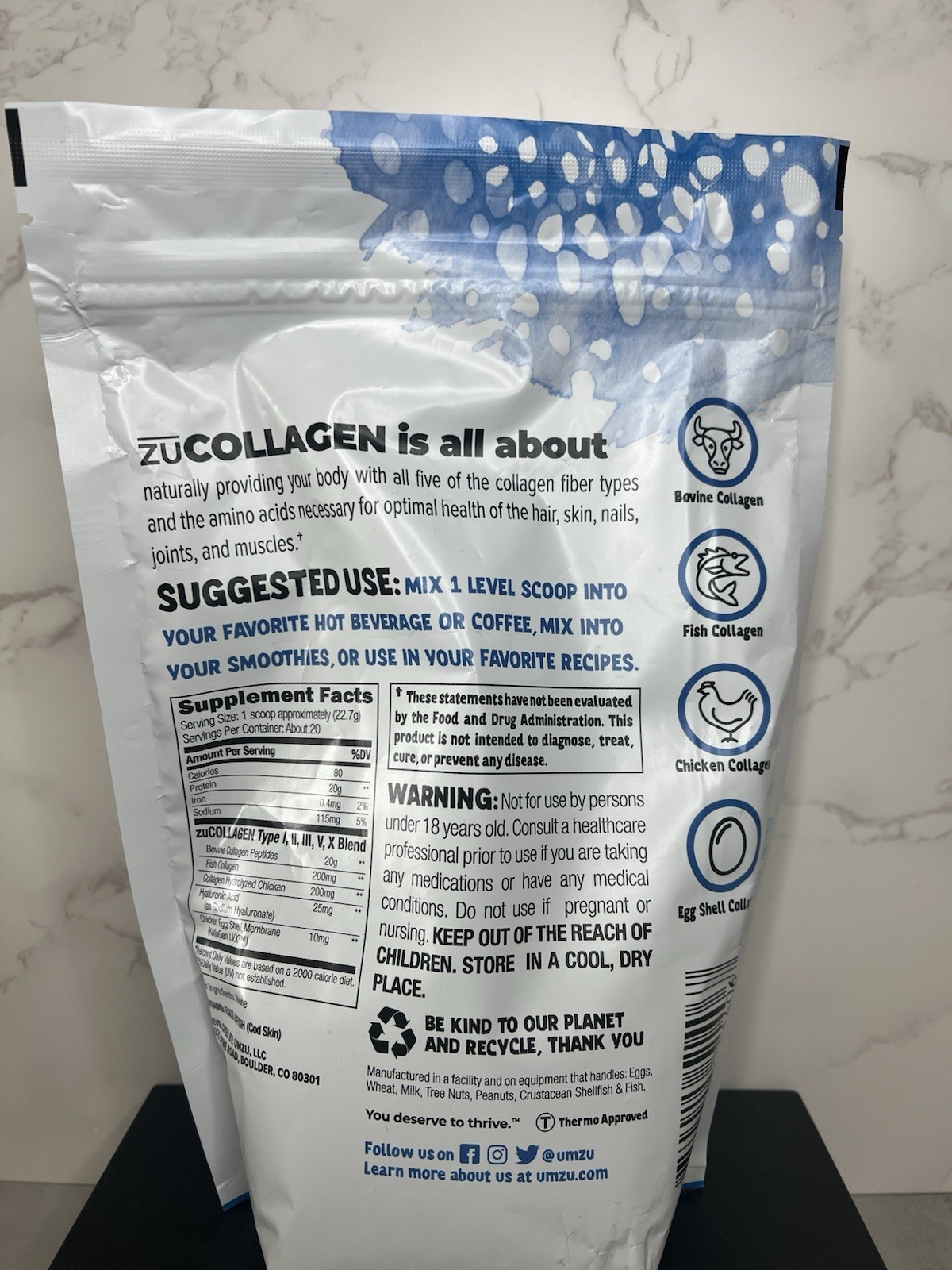 UMZU ZuCollagen Multi Collagen Protein Powder Unflavored 16 oz Exp 09/2027