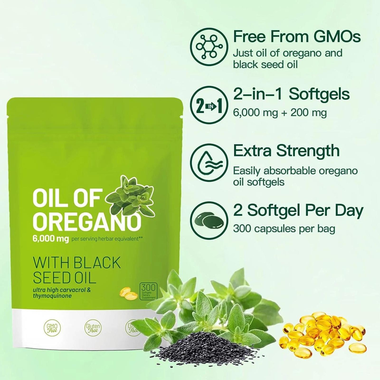 ​​Oil Of Oregano 300 Softgels 2 In 1 Black Seed Oil Organic Herbal Supplement