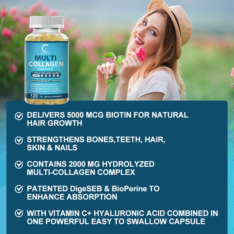 Premium Collagen Peptides Pills Hydrolyzed Anti-Aging (Types I,II,III,V,X) 120pc