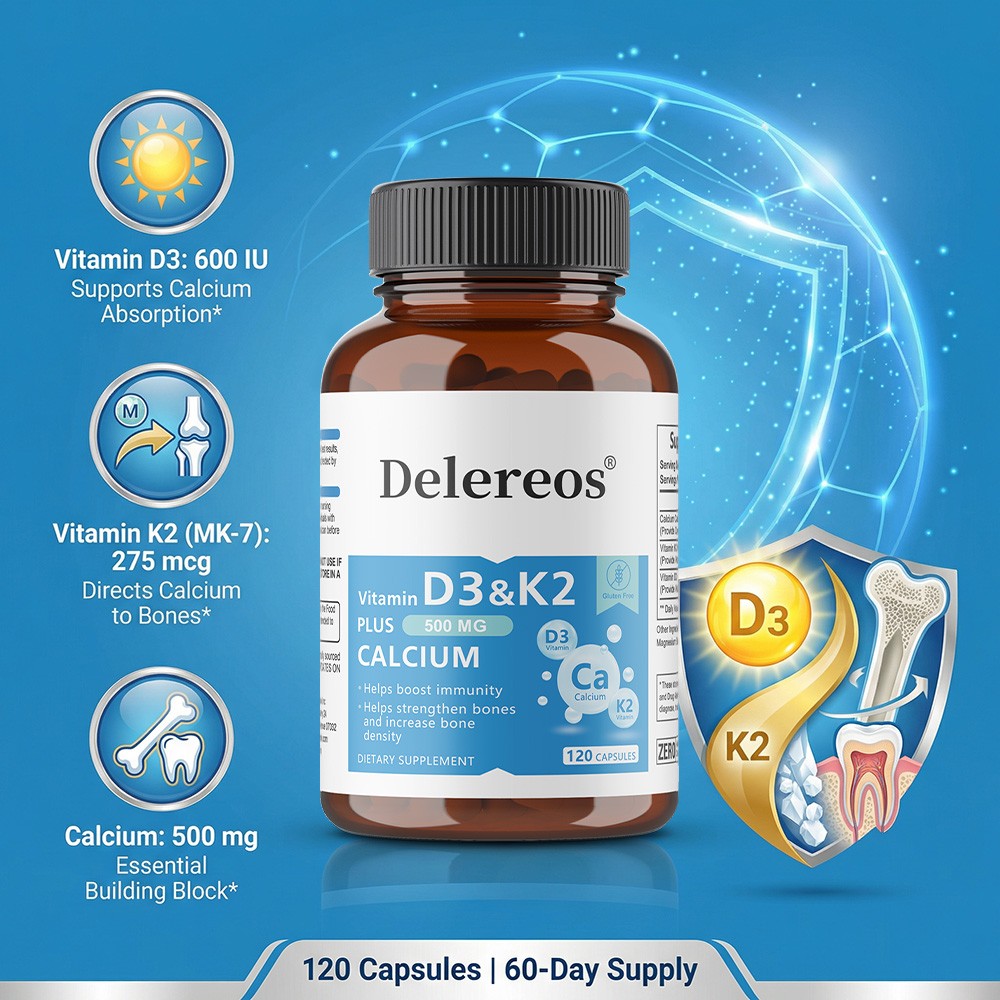 Vitamin D3 & K2 with Calcium-Support for Bone, Immune & Dental Health 30~120Caps