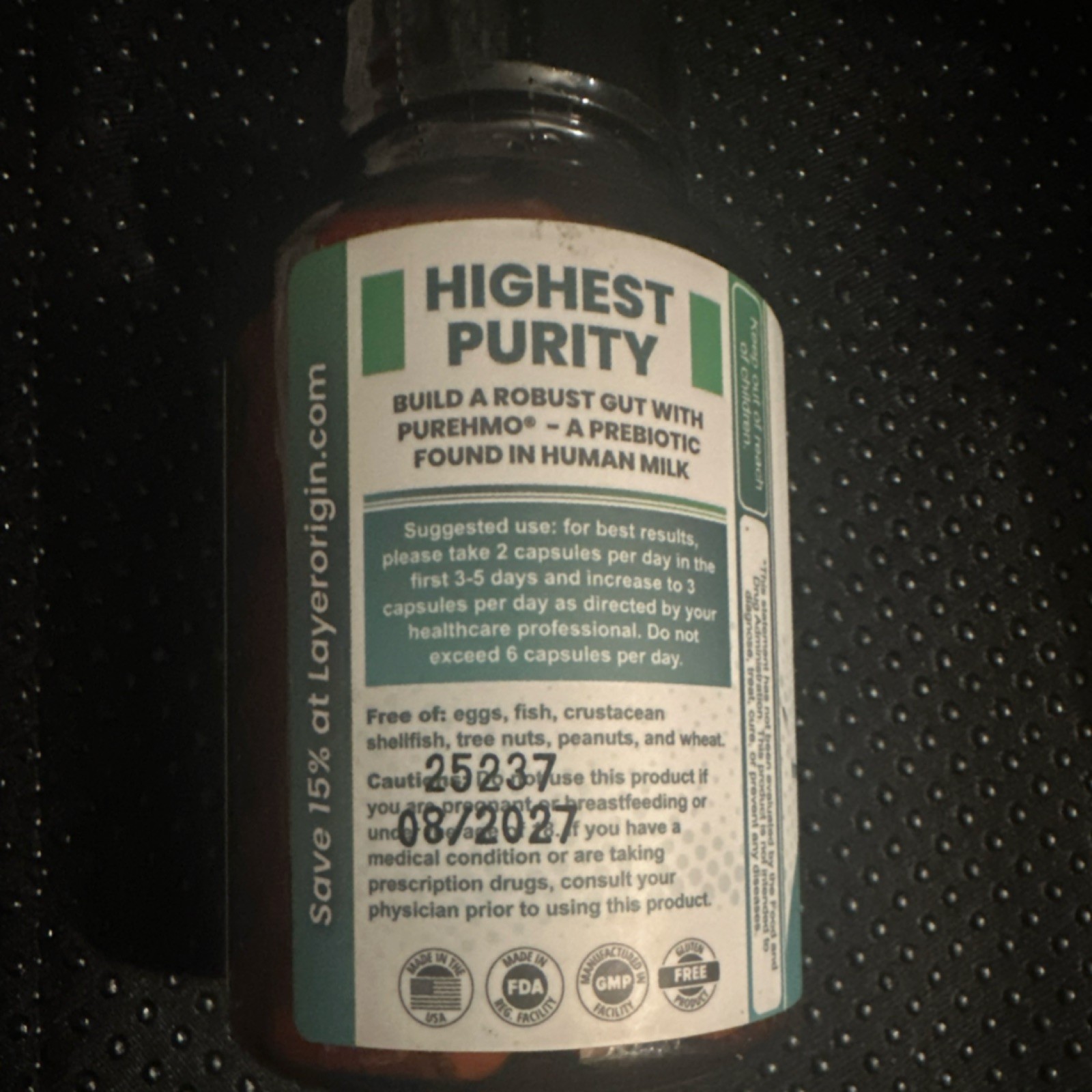 Layer Origin PureHMO Prebiotic 1800mg 90 Capsules Non-GMO 2′-Fucosyllactose